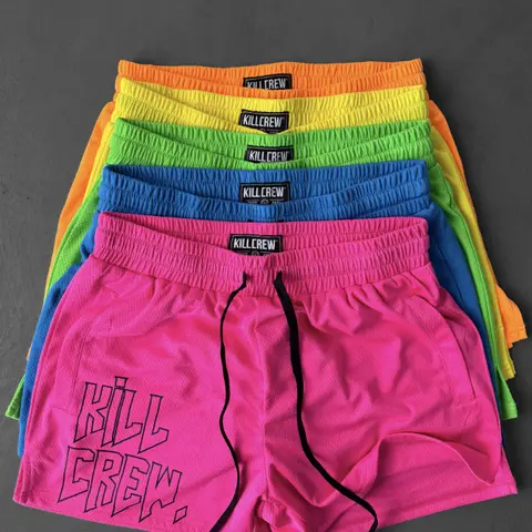 Kill Crew Muay Thai Highlighter Pack Gym Short Elastic - Mid-Thigh Cut, Elastic Drawstring, Double Layered, Honeycomb Airflow Polyester Mesh, Lightweight Breathable Stretchy Soft Activewear Workout Exercise Shorts