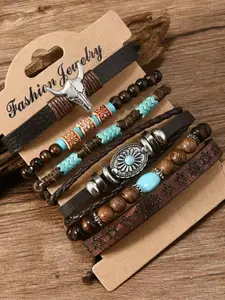 Men's Western Cowboy Style Leather Cow Head Faux Turquoise Coconut Shell Bracelet Set, Stackable Bracelets, Vintage Bohemian Casual Versatile Personalized Jewelry
