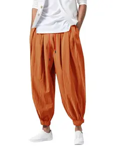 Men's Linen Harem Pants, Casual Loose-Fit Drawstring Waist, Wide Leg Sporty Leisure Long Trousers, All Seasons Comfortable Wear