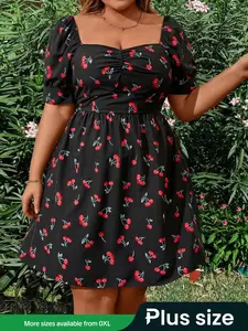 【Plus Size】Cherry Print Dress, Casual Boho Short Sleeve Dress for Daily Wear, Bohemian Women's Plus Clothing for All Seasons