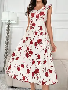 Women's All Over Floral Print Lettuce Trim Nightdress, Elegant Butterfly Sleeve Round Neck Nightgown, Soft Comfortable Nighty Dress for Women