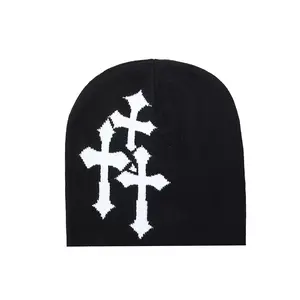 Y2K Dark Cross Wool Hat - Fashion Cross Pattern Loose Pile Knit Hat for Cold Weather - Autumn and Winter