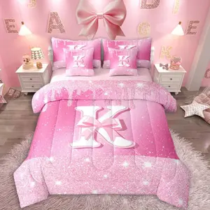Pink Bow Comforter Set with Sheets 7 Piece Initials Decor Bedding Set Gifts for Women Girl Personalized Letter K Bed in a Bag Monogrammed Room Decor Glitter Diamond Lightweight