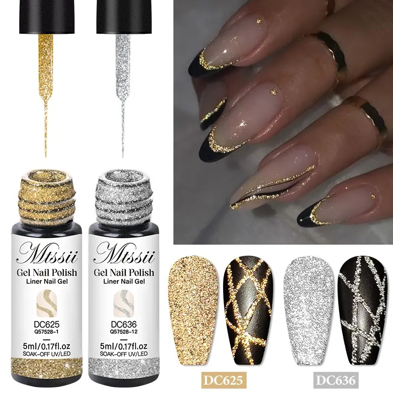 MTSSII 2pcs Reflective Glitter Liner Gel Nail Polish Set, Nail Art, Gold Silver Paint Spider Line UV Gel, Superflash French Style Pull Line Graffiti Painting DIY French Nail Design Painting Gel Kit Soak Off Manicure Home Salon Gift Nail Products