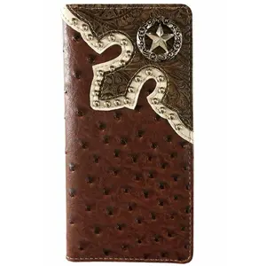 Lone Star Western Bifold Men’s Wallet Ostrich Brown Checkbook Style