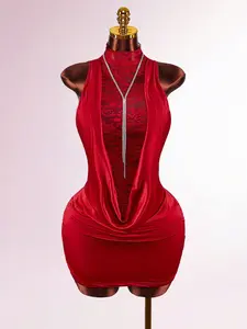 Women Solid Color Lace Fabric Sleeveless High Neck Mini Dress with Draped Detail