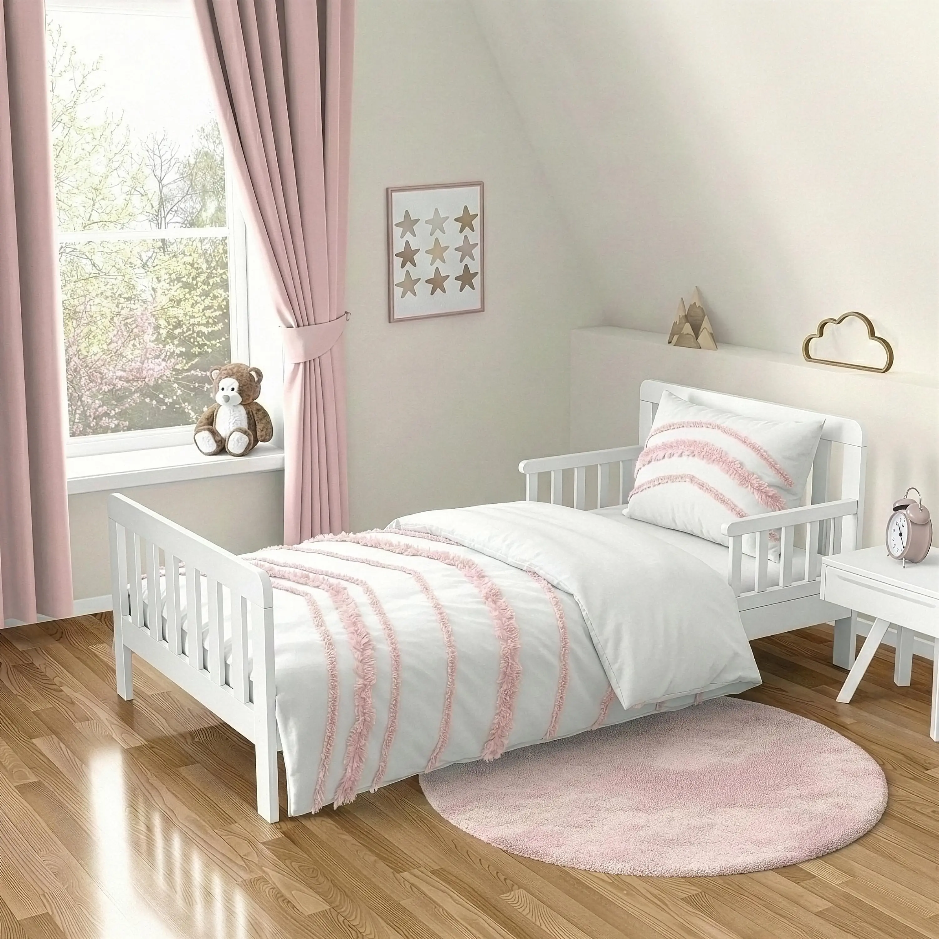 Sweet Jojo Designs 5-Piece Toddler Bedding Set (Pink Cotton Boho Bohemian) for Girls, Kids incl. Bed in a Bag Comforter, Blanket, Pillowcase, Sham & Sheets (Blush, Farmhouse Shabby Chic, Macrame Tuft)