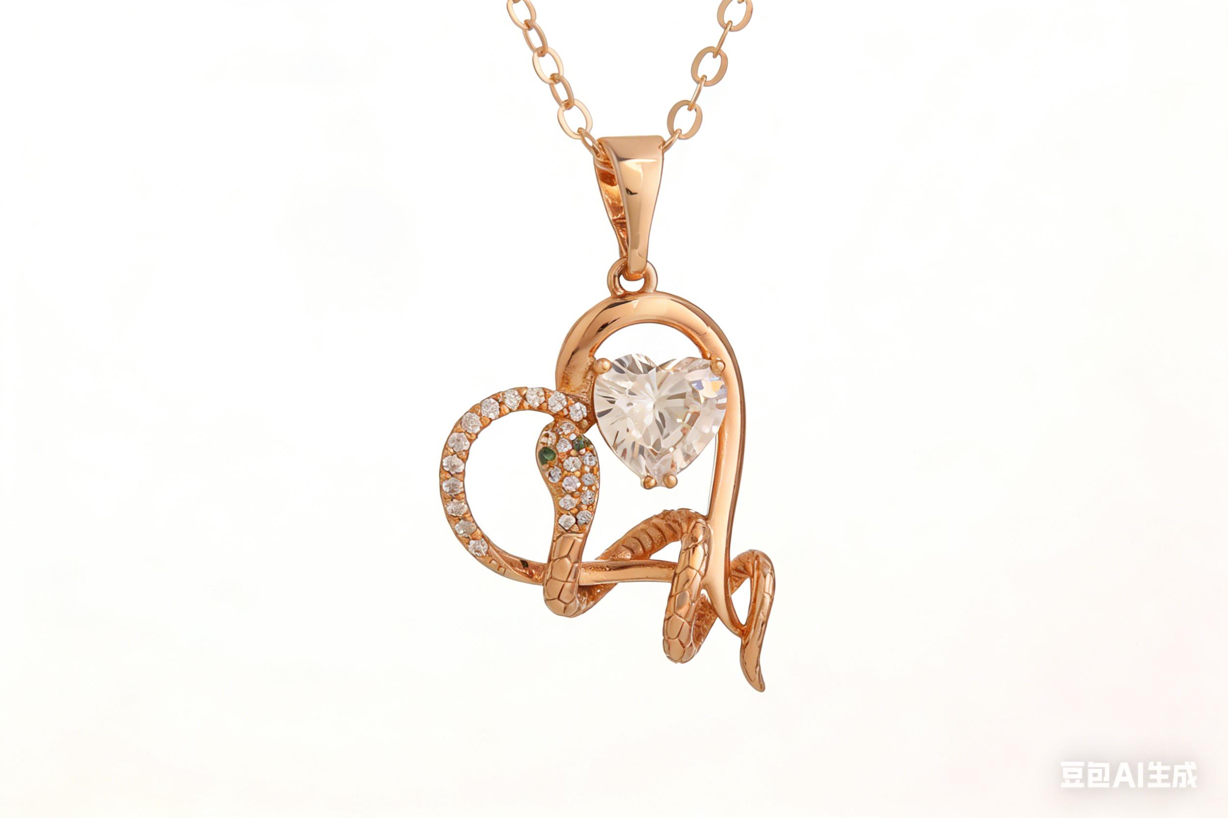 Edgy Romantic Snake Heart Pendant Necklace Rose Gold Plated Hypoallergenic with Cubic Zirconia & Green Gemstone 50cm Chain