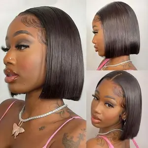 Glueless Staight Short Bob Wig 5x5 Pre Plucked Hairline Pre-Cut  Lace Wig 180% Density HD Transparent Lace Closure Wigs Human Hair for Black Women Short Straight Bob Wigs No Glue Lace Closure Wigs Beginner Friendly Gift for Girlfriend/Wife/FamilySpringtok