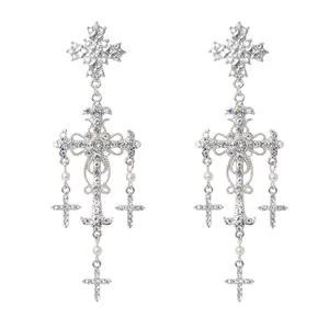 Rhinestones Earrings Retro Crystal Pearl Crossed Pendant Long Tassel