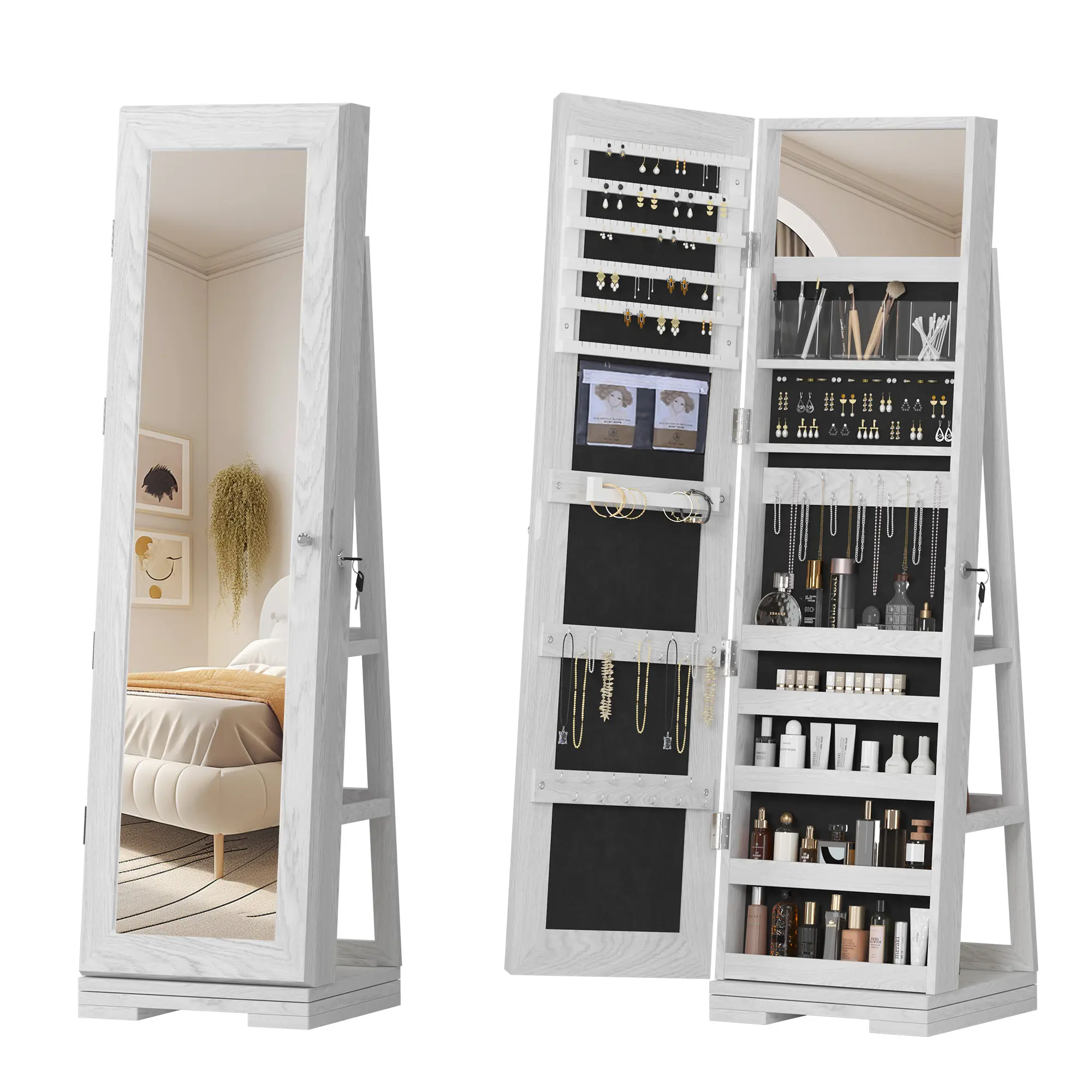 360 Swivel Mirror Cabinet With Back Storage Shelves, Full Length Mirror With Storage, Standing Rotating Organizer Armoire Lockable jewelry