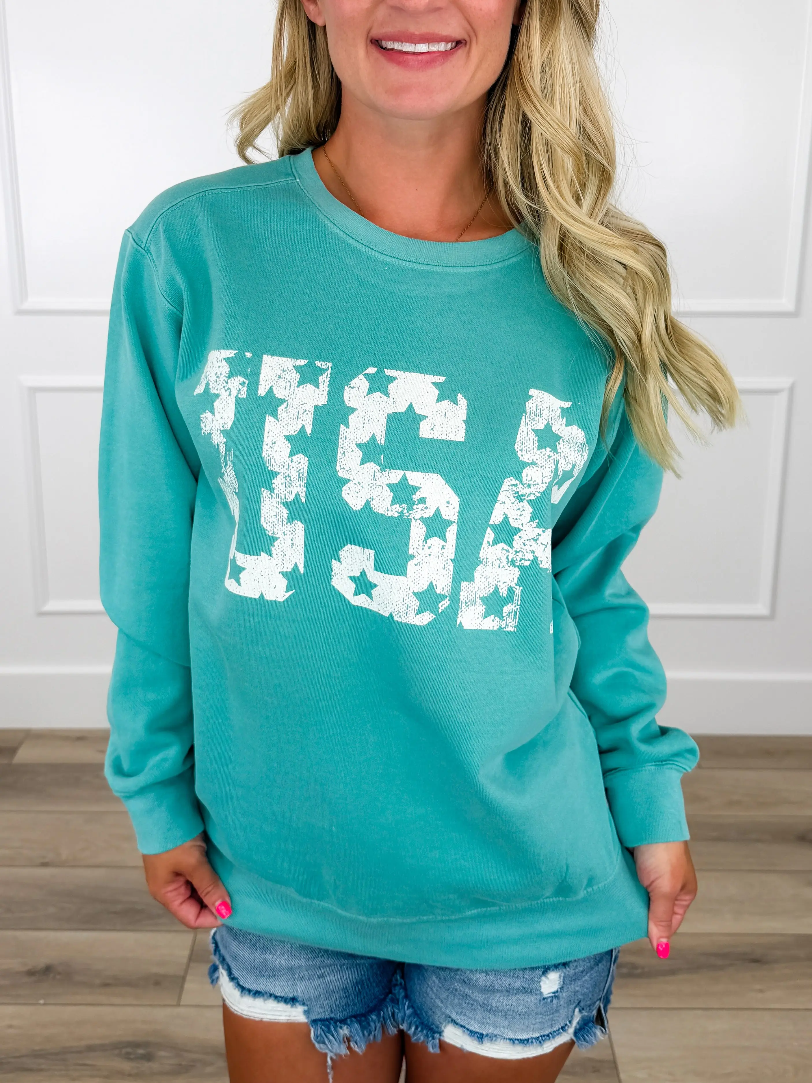 Women's Printed USA Graphic Crewneck Sweatshirt - Turquoise Long Sleeve Cotton Blend, Casual Fit for Everyday Wear, Independence Day, Plus Size, True To Size, Stars Print, 2Xl, Longsleeves, Round Neck, Hoodie, Polyester, Fabric, Clothes, Casual Ootd, Patr