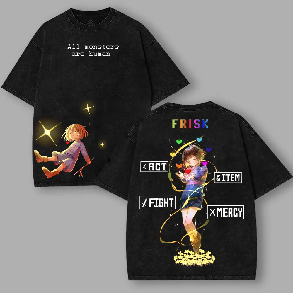 Frisk Vintage Acid Washed Oversized T-Shirt Gaming Graphic Tee Faded Black Grunge Streetwear Summer Outfits Video Game Fan Merch Gift