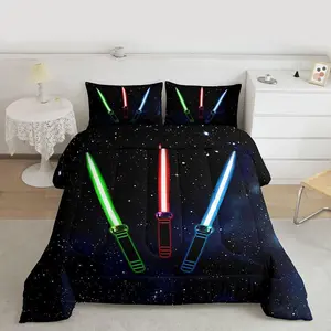 Teens Lightsaber Comforter Set,Green Red Blue Bedding Set for Kids Boys Girls Bedroom Decoration,Starry Sky Galaxy Bed Duvet Insert,Cool Lightsaber Comforter