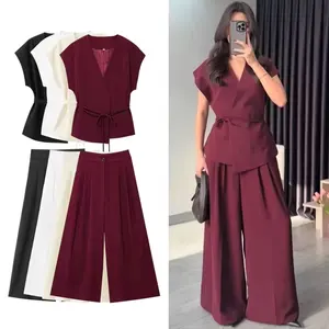 TRAF 2025 Wide Leg Pants Sets for Women 2 Pieces Sleeveless Vest Top Woman Pleated Casual Trousers Sets Two Piece Outfits Woman