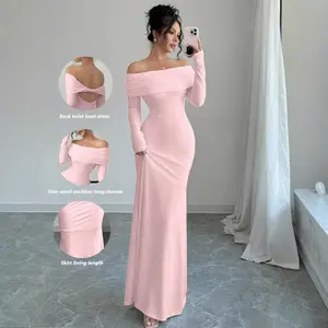 Women Off Shoulder Long Sleeve Dress Elegant Sexy Stretch Mesh Double Lined Slim Trendy Long Dresses Fit Formal