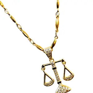 Gold Tone Balance Scale Pendant Necklace with Rhinestones and Chain