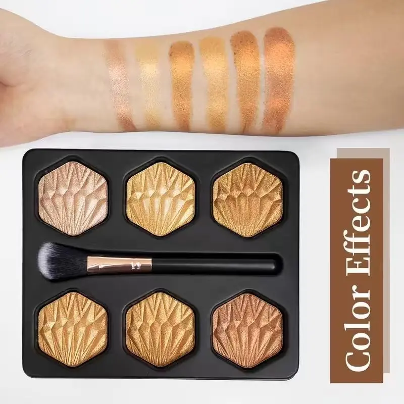 6-Color Eyeshadow and Highlighter Palette, Smooth Pressed Powder with Bronze Shimmer for a Radiant Finish, Cosmetic Kit with Brush for Your Makeup Routine, Glowing Makeup, Highlight & Contour, Face & Eyes, Use With Brush, Complete Makeup Look