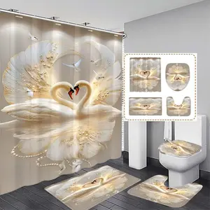 Swan Print Shower Curtain Set with 12 Hooks, Modern Bathroom Divider, No Drilling Required, Home Decor Gift