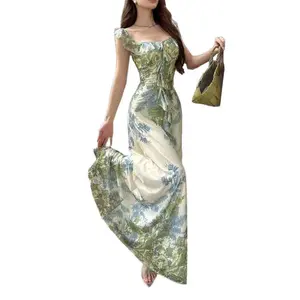 Summer New Chinese-Style Green Garden Dress for Women — High Waist, Slimming Fit, Ruffled Details, Premium Feel elegant