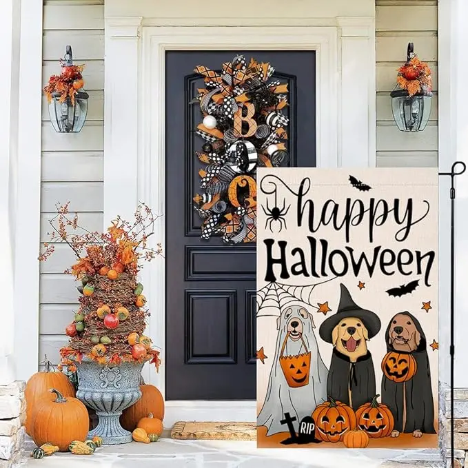 Happy Halloween Dog Pumpkin Garden Flag 12x18 Double Sided for Outside,Golden Retriever Fall Autumn Witch Hat Small Burlap Yard Flag for Outdoor Holiday Home Decor