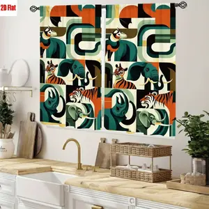 2D Flat 2Pcs Abstract Animals Curtains for Living Room Bedroom Mid-Century Modern Style Geometric Elephant Tiger Rhino Pattern Light Filtering Decor Home Office