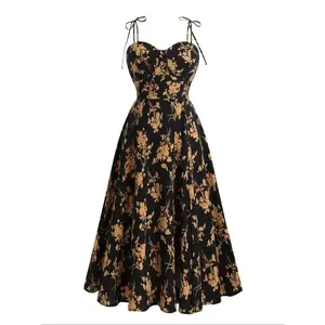 【Plus Size】 Floral Print Shirred Backless Tie Shoulder Cami Dress, Boho Sleeveless Spaghetti Strap A-line Dress for Beach Holiday Vacation, Women's Clothes for Summer, Casual Cami Dress（gift）