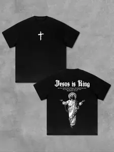 Men's Jesus Is King Print Round Neck Tee, Loose Casual Short Sleeve T-shirt for Summer, Men's Top for Daily Wear, Tropical graphic  tees