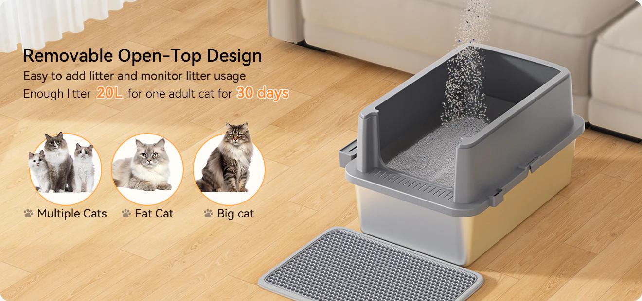 Meowant Stainless Steel Cat Litter Box, Extra Large 3-in-1 Enclosed Open Top Metal Litter Box with Lid, Odorless Cat Litter Pan with High Sides for Big Cats, Non-Sticky, Anti-Leakage, Easy Cleaning