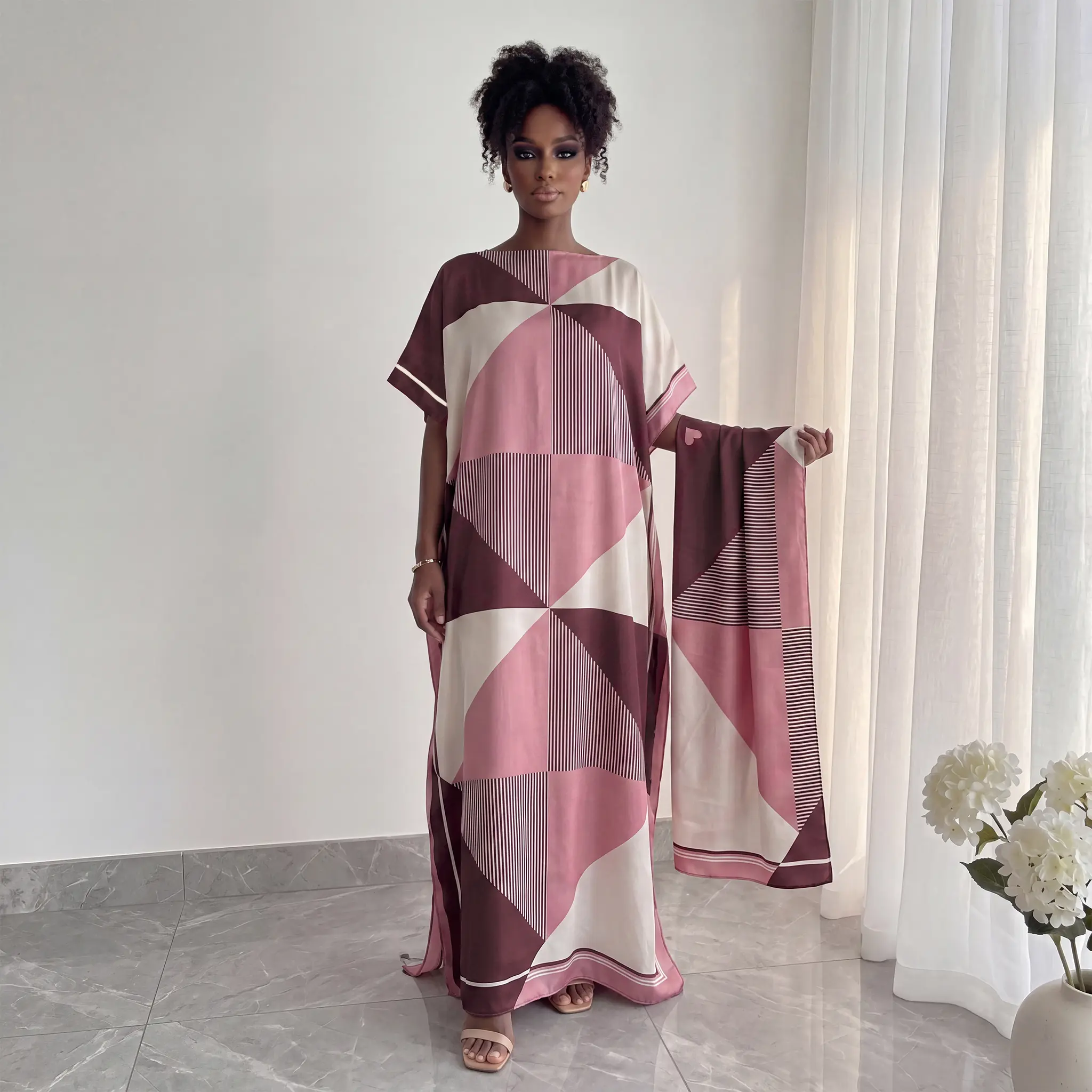 Women's 2-Piece Moo Moo Kaftan Set - Women's Fashion, Glossy Satin Boat Neck Short Sleeve Robe, Matching Hijab, Loose Fit Color Block Maxi Dress with Side Split, Modest Party Wear for Wedding & Ceremony