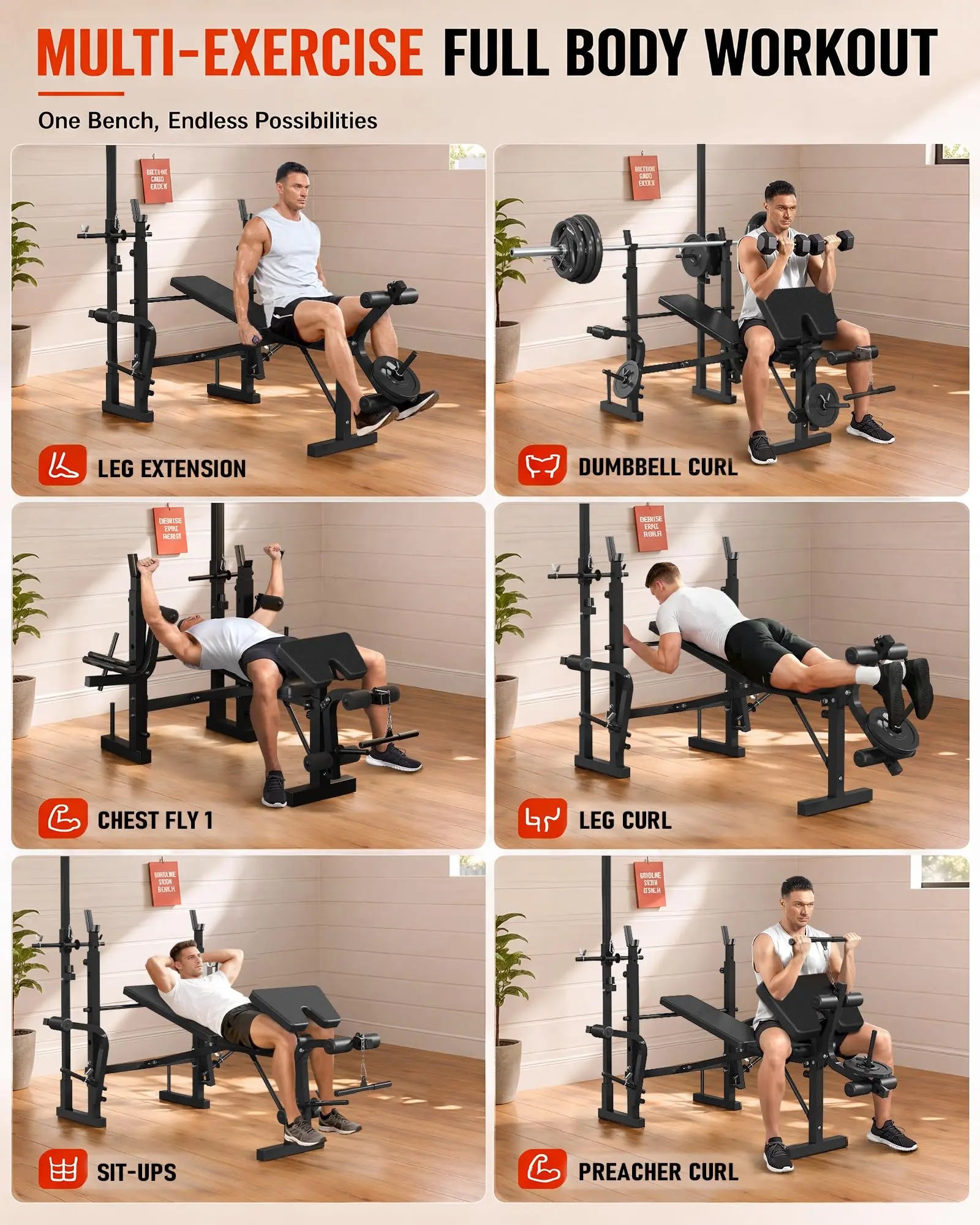 6-In-1 Foldable Weight Bench with Leg Extension & Preacher Curl, Adjustable Bench Press Station for Home Gym, 900LB Capacity, for  Barbell Workouts