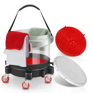 5 Gallon Bucket Dolly with 15.5L Detailing Bucket, Rolling Car Wash Dolly with 5 Swivel Casters and Lid for Car Detailing and Care (Transparent/Black)