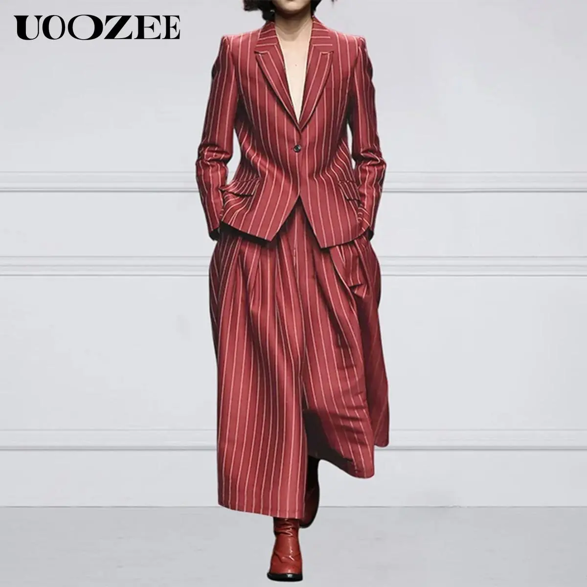 UOOZEE Women's 2-Piece Elegant Chic Long-Sleeve Vintage Loose Striped Notched Collar Blazer & Pants Suit, All-Seasons Burgundy Lady Outerwear