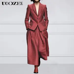 Long Sleeves Loose Striped Notched Collar Blazer Outerwear Casual Pants