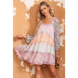 Floral Color Block Frill Trim Dress