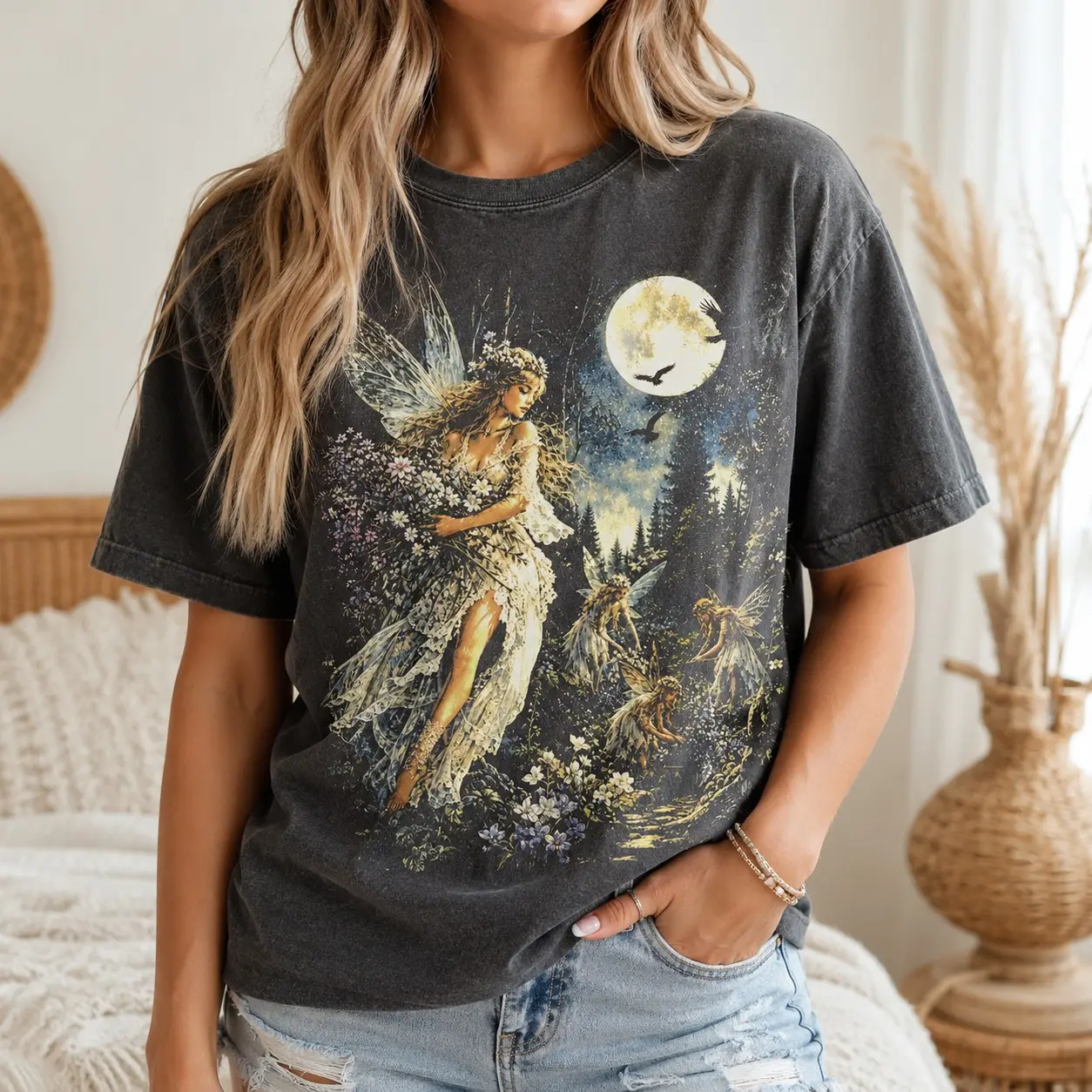 Comfort Colors Enchanted Forest Fairies Floral Moon Ladies Vintage Shirts Renaissance Fair, Whimsical Fairycore Spring Graphic Short Sleeve Sister Present
