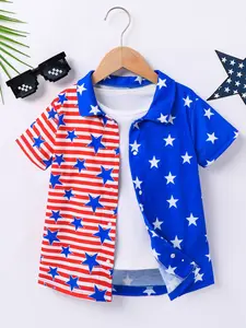Independence Day Summer Button-Up Short Sleeve Print Shirt, Casual Fashion Top for Men & Women, Perfect for Daily Wear