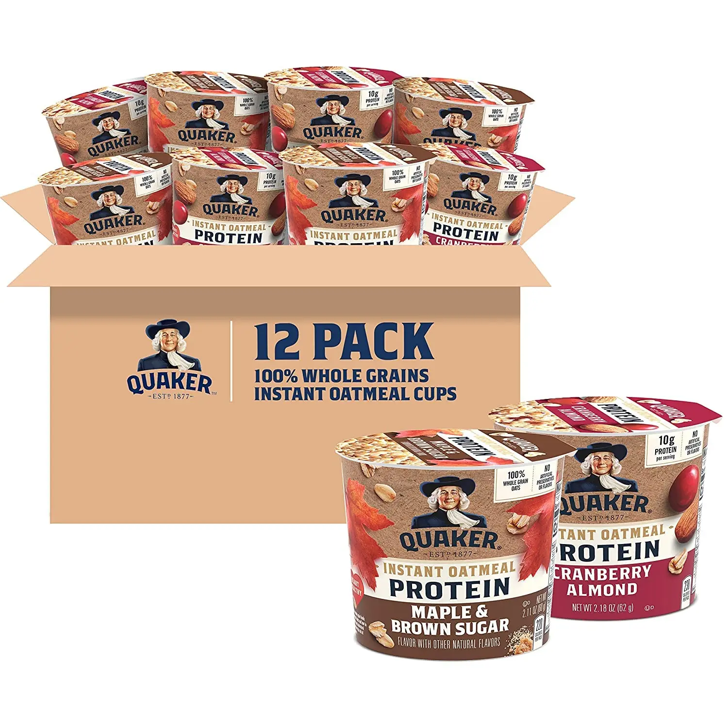 Quaker Instant Oatmeal Express Cups Variety Pack, 10g Protein Breakfast Oatmeal, 2 Flavors, Quick & Easy Hot Oats, Pack of 12 Cups
