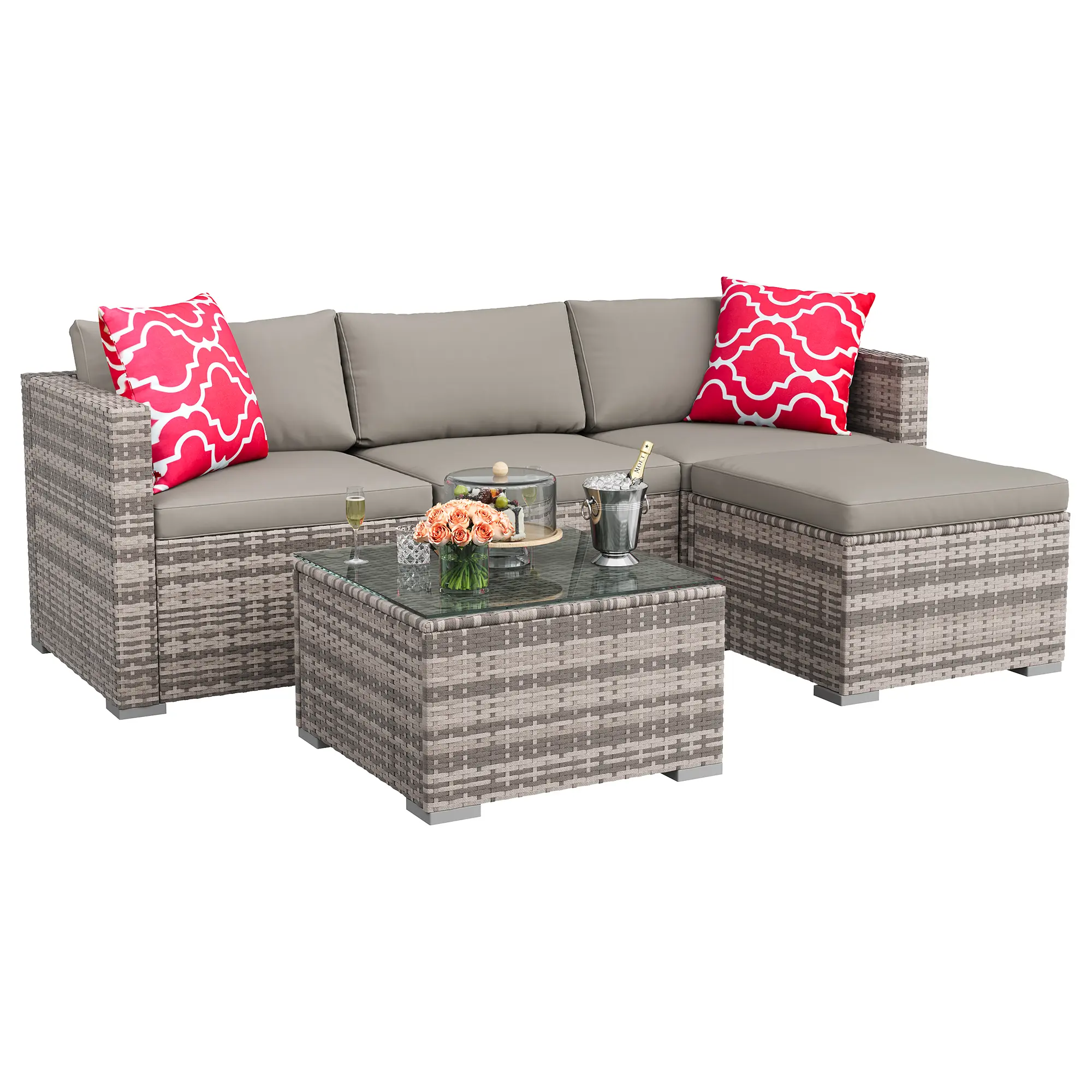Gray gradient rattan + light gray cushion + red floral pillow
