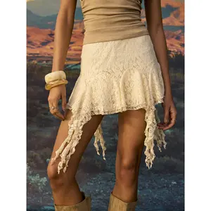 Cider Lace Low Rise Asymmetrical Hem Ruffled Flared Mini Skirt