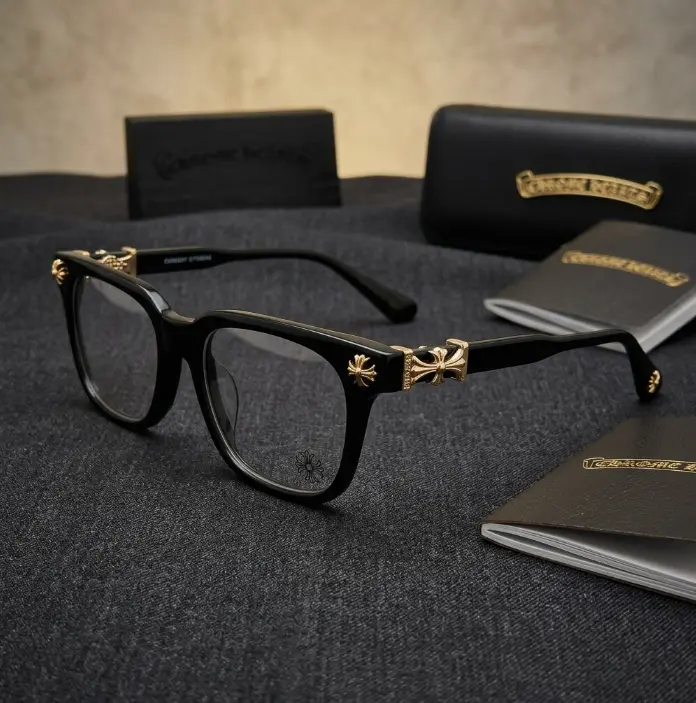 Chrome Hearts Square Eyeglass Frames, Black Luxury Optical Glasses with Gold Cross Temple, Unisex Designer Eyewear