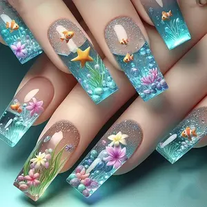 Removable Wearable Ocean World Water Grass Fish Nail Art Set, Nail Art Design, Glossy Medium Square Nails, 24 Pieces Fake Nails for Women