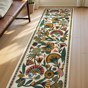 Modern Ethnic Floral Geometric Long Rug, Decorative Area Rug, Washable Easy Clean Plush Carpet, Home Decor for Living Room Bedroom Hallway Kitchen