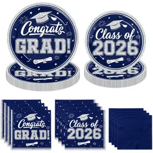 Graduation Plates and Napkins 2026, 200pcs Navy Blue Graduation Decorations includes Congrats Grad Plates Class of 2026 Plates and Napkins, for College High School Graduation Party, Serve 50
