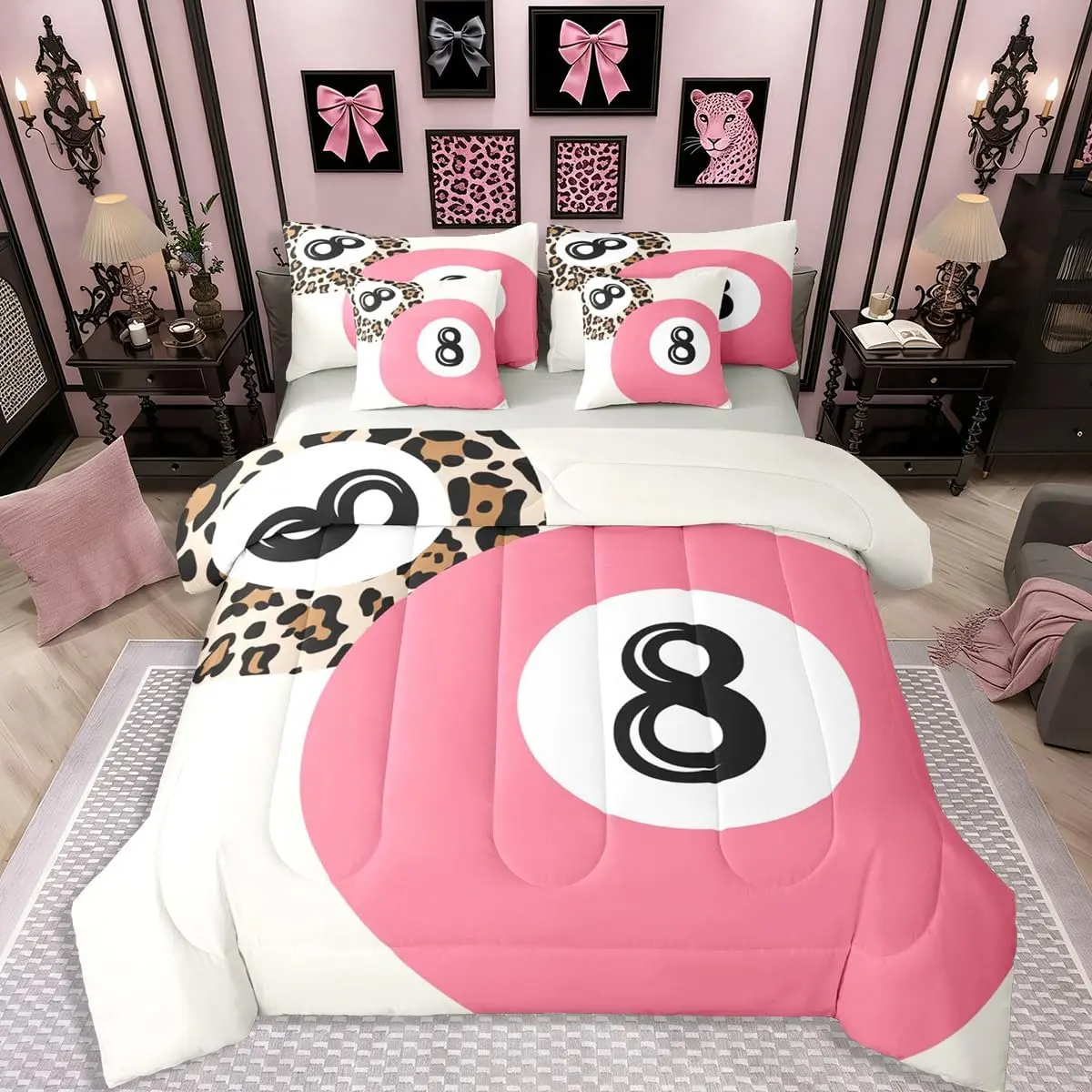 Girly Fashion Leopard Bedding Set,Trendy Cheetah Print Comforter Sets 7 Piece Bed In A Bag Preppy 8 Ball Comforter and Sheets Lucky Funky Coquette Pink Room Decor Aesthetic