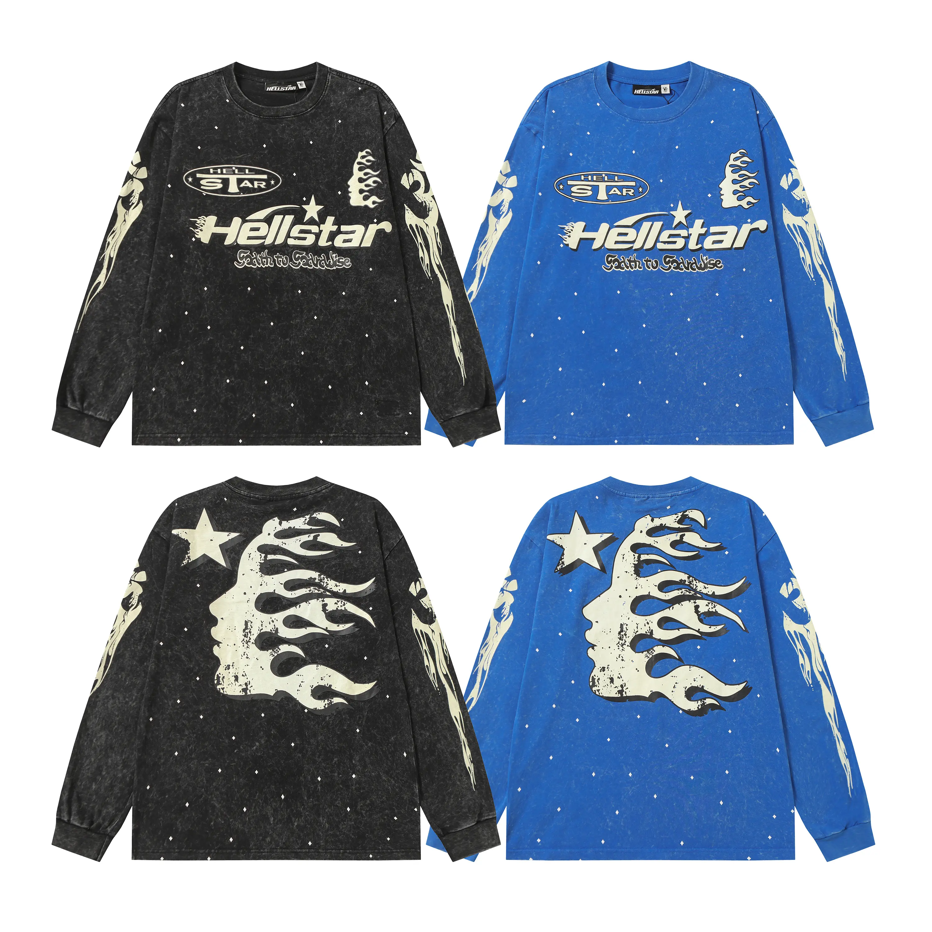 HELLSTAR Certified Professional Y2K Premium Quality Klein Blue Flaming Face Sleeve Print Splatter Long Sleeve T-Shirt Mens Standard Fit