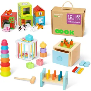 Montessori Toys for 1 Year Old, 7 in 1 Learning Educational Kit with Sensory Bin,Nesting Box, 3 in 1 Educational Box,Pounding Bench and Baby Stacking Cups
