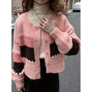 Chic Color Block Striped Knit Cardigan - Casual Open Front Sweater for Women, Machine Washable, Polyester Blend
