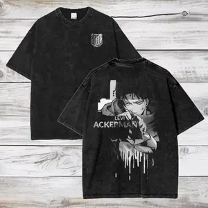 Attack on Titan Anime Acid Washed Oversize T-Shirt Levi Ackerman Anime Tee Gift For Him Soft Apparel