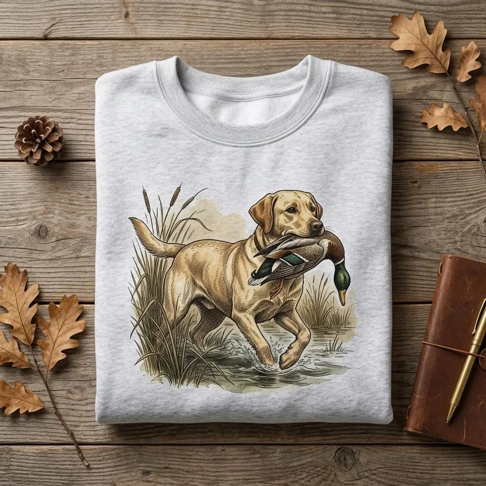 Vintage Dog Mom Sweatshirt with a Retro Yellow Lab Duck Hunting Graphic, Fitted Casual Crew Neck Cotton Blend Pullover, Fitted Cut, Poly-Cotton Blend, Retro Graphic, Pull On, Do Not Dry Clean, Hoodie, Hand Wash, Pullover Sweatshirt